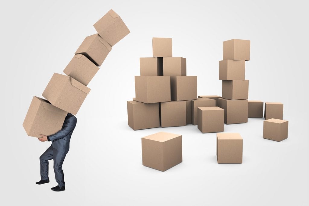 man carry several moving brown boxesbox